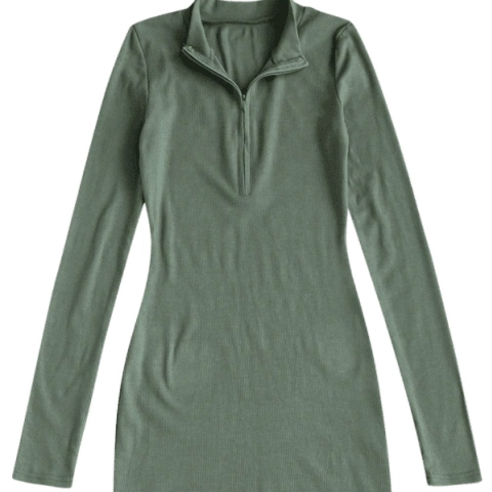 Dark Green Thumb Hole Half Zip Bodycon Dress